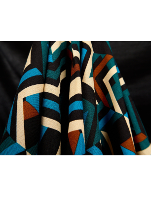 Viscose fabric for a dress with a geometric pattern in marine greens - Tkanin Bemax Fabric Wholesalers