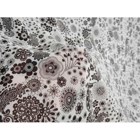 Viscose chiffon, white with delicate black floral motifs