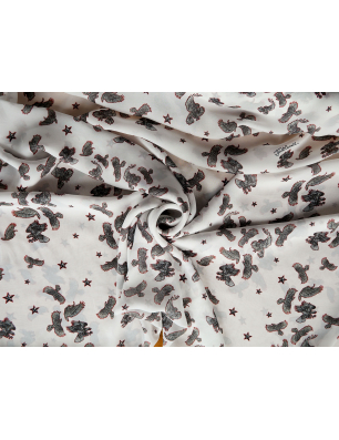 Viszkóz sifon fehér, eredeti mintájú madarakkal és csillagokkal - Bemax Textil nagykereskedés