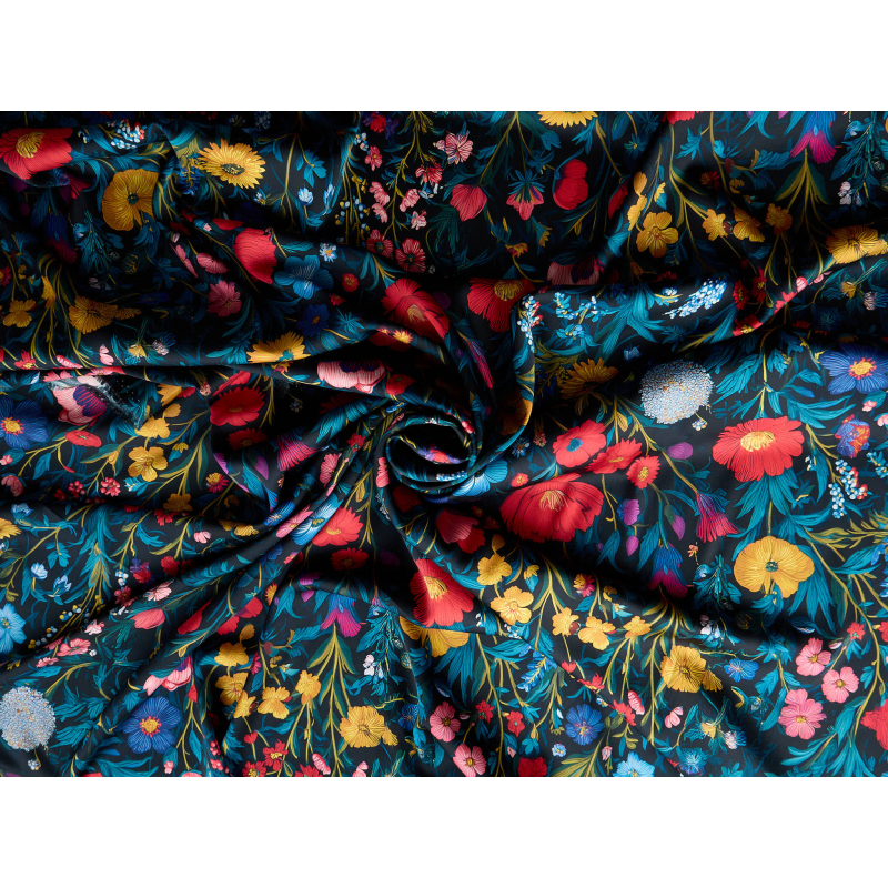 Silk satin with elastane in colorful flowers on a navy background in a Gucci style
