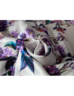 Silk fabric - silk satin with purple flowers - silk by the meter - Bemax Textile Wholesale