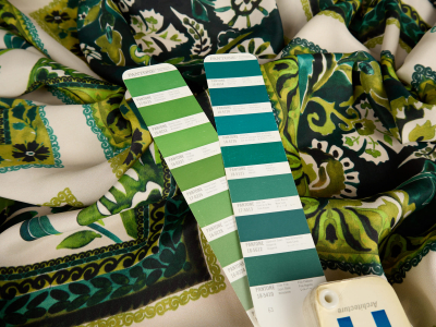 Silk with viscose in green plant-based and geometric pattern
