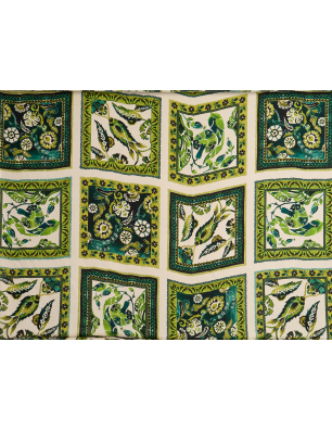 Silk with viscose in green plant-based and geometric pattern