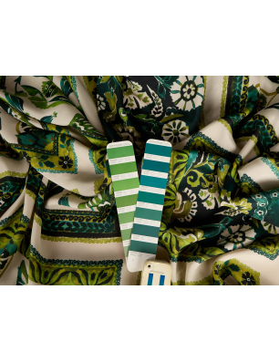Silk with viscose in green plant-based and geometric pattern