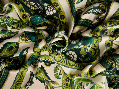 Seda com viscose em padrão verde vegetal e geométrico
