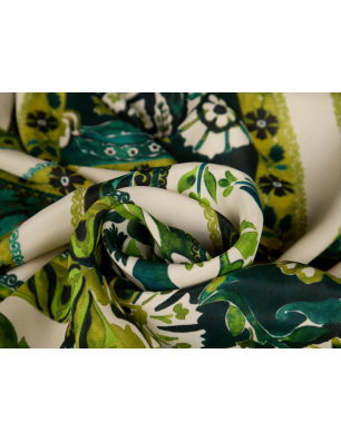 Seda com viscose em padrão verde vegetal e geométrico