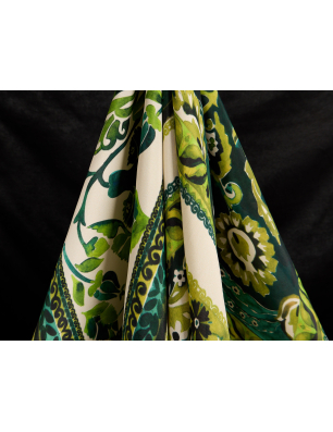 Seda com viscose em padrão verde vegetal e geométrico